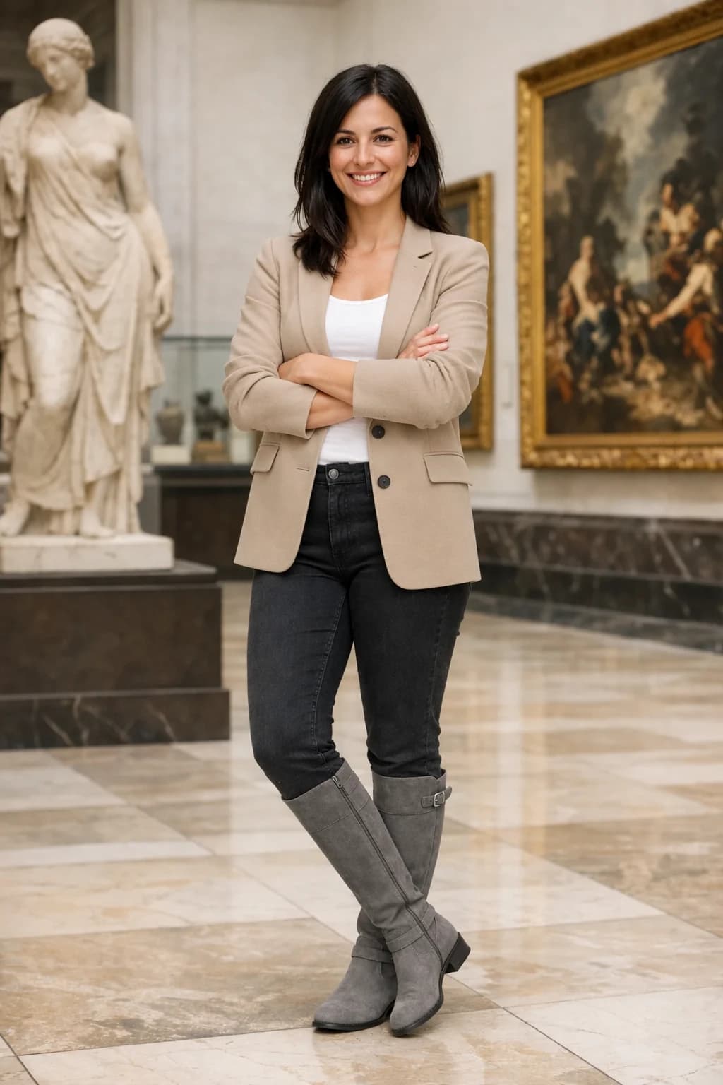 Dieselbe Frau im Museum, jetzt mit Blazer, Tanktop und Stiefeln, generiert von GPT Image 2.5