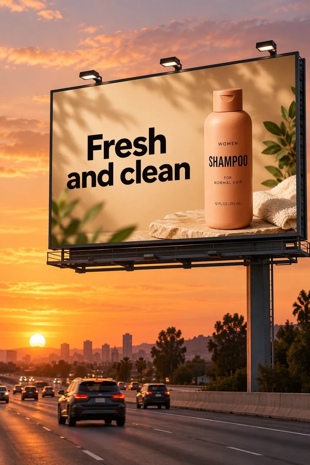 Autobahn-Werbetafel bei Sonnenuntergang mit der Shampooflasche und den Worten Fresh and clean, generiert von GPT Image 2.5