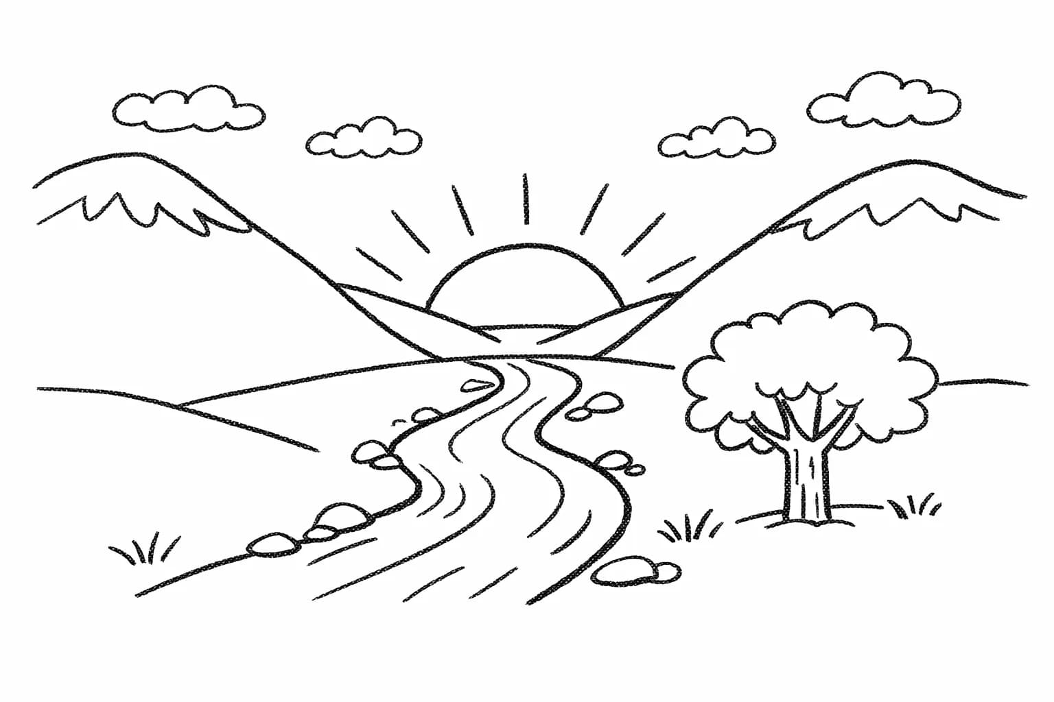 Handgezeichnete Skizze eines Flusstals mit Bergen, Sonne, Wolken und einem Baum