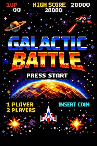 Retro-Pixel-Art-Titelbildschirm eines Arcade-Spiels als Stilreferenz
